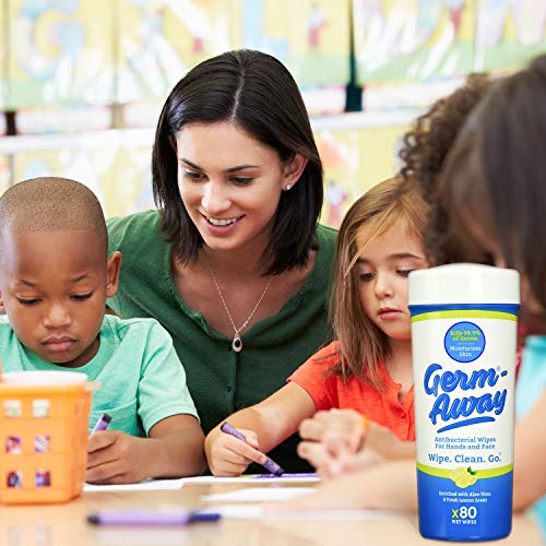 Germ-Away Antibacterial Wipes for Hands and Face, Kills 99.9% Germs on Skin, 80 Wipe Canister Fits in Cup-Holder, (4 Canisters, 320 wipes)