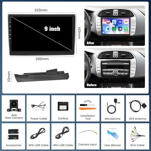 For Fiat Bravo 2008-2013, Android 15, 4G+64G CAMECHO Car Radio for Fiat Bravo Wireless Carplay Android Car, 9 Inch 2DIN Car Screen with GPS Navi WIFI EQ Bluetooth FM/RDS SWC Rear Camera+MIC