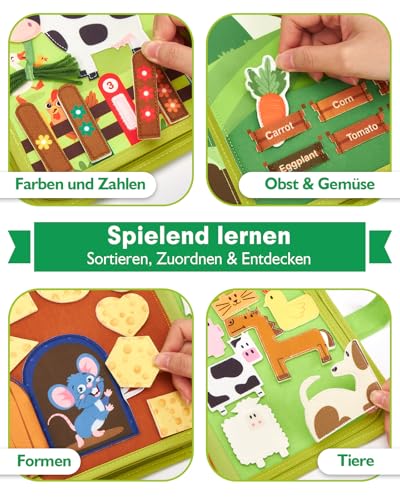 hahaland Montessori Toy from 1 Year - Farm Theme Quiet Book, 20-in-1 Busy Board Soft Felt for Early Education, Busy Book for Car Riding, Toy from 1 2 3 Years, Gift for 1 Birthday