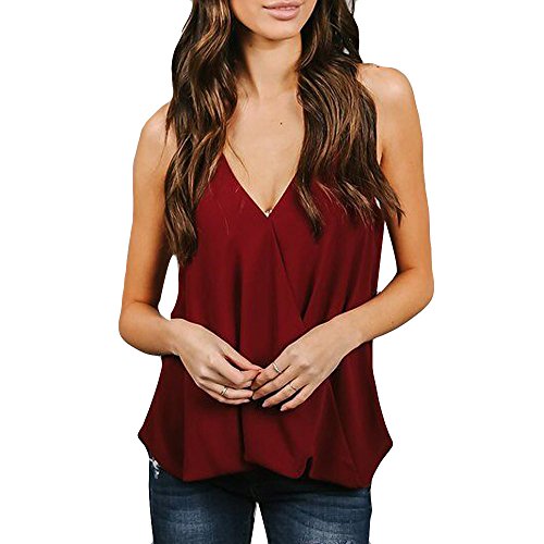 Vest Top Summer,Womens Sexy Halter Strap Blouse Off Shoulder Camisole Sleeveless Hem Pleated T-Shirt Tunics Tees Wine - Thumbnail 6