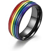 Pride Rainbow Ring Band Love Together Couple Finger Bands Stainless Steel 8mm Width Parade Rainbow Wedding Engagement Promise Rings for Men Women Relationship Jewelry-10 black
