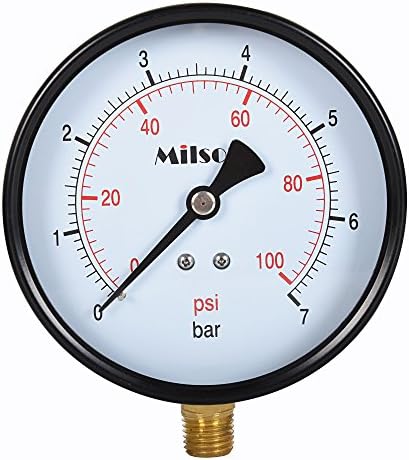Milson Pressure Gauge, 4" Black Steel Case, Bottom Mount, 1/4"NPT, 0+100 Psi/Bar, Accuracy: +/-2.0, Brass Internal, Multiple Function