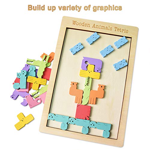 Wooden Tetris Puzzle Brain Teasers Toy,Tangram Jigsaw Puzzle, Stem Toys with Colorful 3D Russian Blocks,Montessori Educational Gift for Kids & Adults (40 PCS)