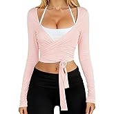 Danysu Ballet Wrap Tops Long Sleeve Cross Tie Crop Shirts Deep V-Neck Dance Clothes Fall Cardigans