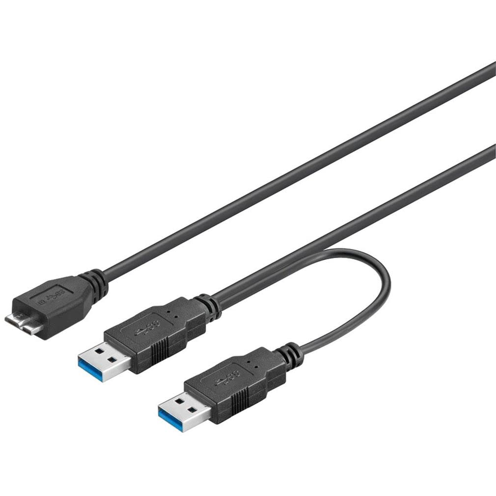 PremiumCord USB 3.0 Power Supply Y Cable, Micro USB B Male to 2 x USB A Male, SuperSpeed Data Cable up to 5 Gbit/S, Colour Black, Length 0.3 m