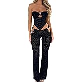 REASERAL Womens Sexy 2 Piece Outfits Lace Up Band Top Ring Cutout Long Pants Sexy Club Sets