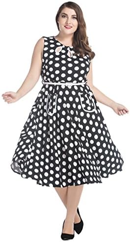 Calliar Women's Plus Size 1950s Retro Vintage Polka Dot Party Swing Dress &amp; Belt,Black-2XL(US 14/12W)
