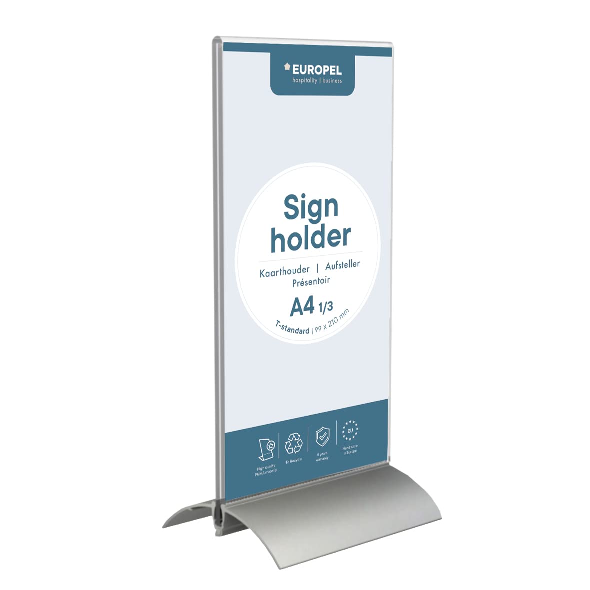 EUROPEL Sign Holder (T-Standard, 1/3 A4 Size "99 x 210mm", Portrait) – Clear Acrylic Construction – Double Sided Poster, Menu & Leaflet Display Holder with Aluminium Base – Free-Standing Design