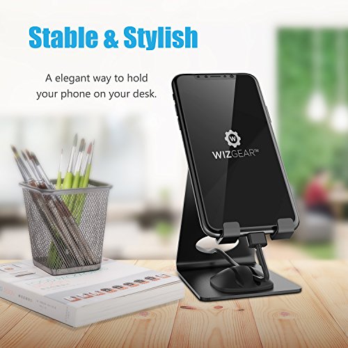 Cell Phone Stand, WizGear Premium Phone Holder For iPhones, Android Smartphones & Mini Tablets â€“Sturdy Metal Phone Stand For Desk With Smart Cord Holder System