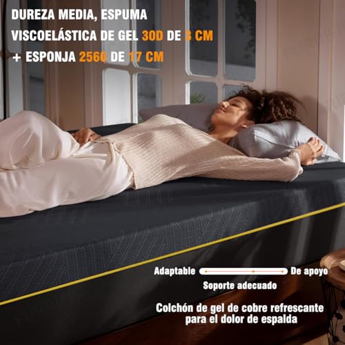 SAFONUS Colchón Matrimonial de Memory Foam 20CM, Colchón para el Dolor de Espalda, Cama de Gel de Cobre Refrigerante en Una Caja, Firmeza Media Terapéutica, Soporte Ergonómico,135x190cm, Negro