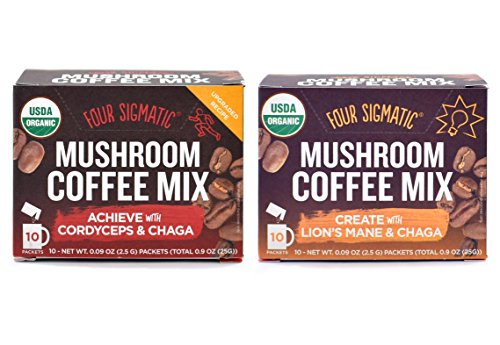 Four Sigmatic Mushroom Coffee - 2 Pack Variety with Cordyceps & Chaga and Lion s Mane & Chaga (2 Boxes, 10 Packets Each)
