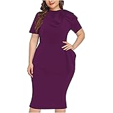 WanMem Plus Size Dress for Curvy Women Semi Formal Cocktail Party Midi Dress Bodycon Short Sleeve Bow Ruffle Pencil Dresses