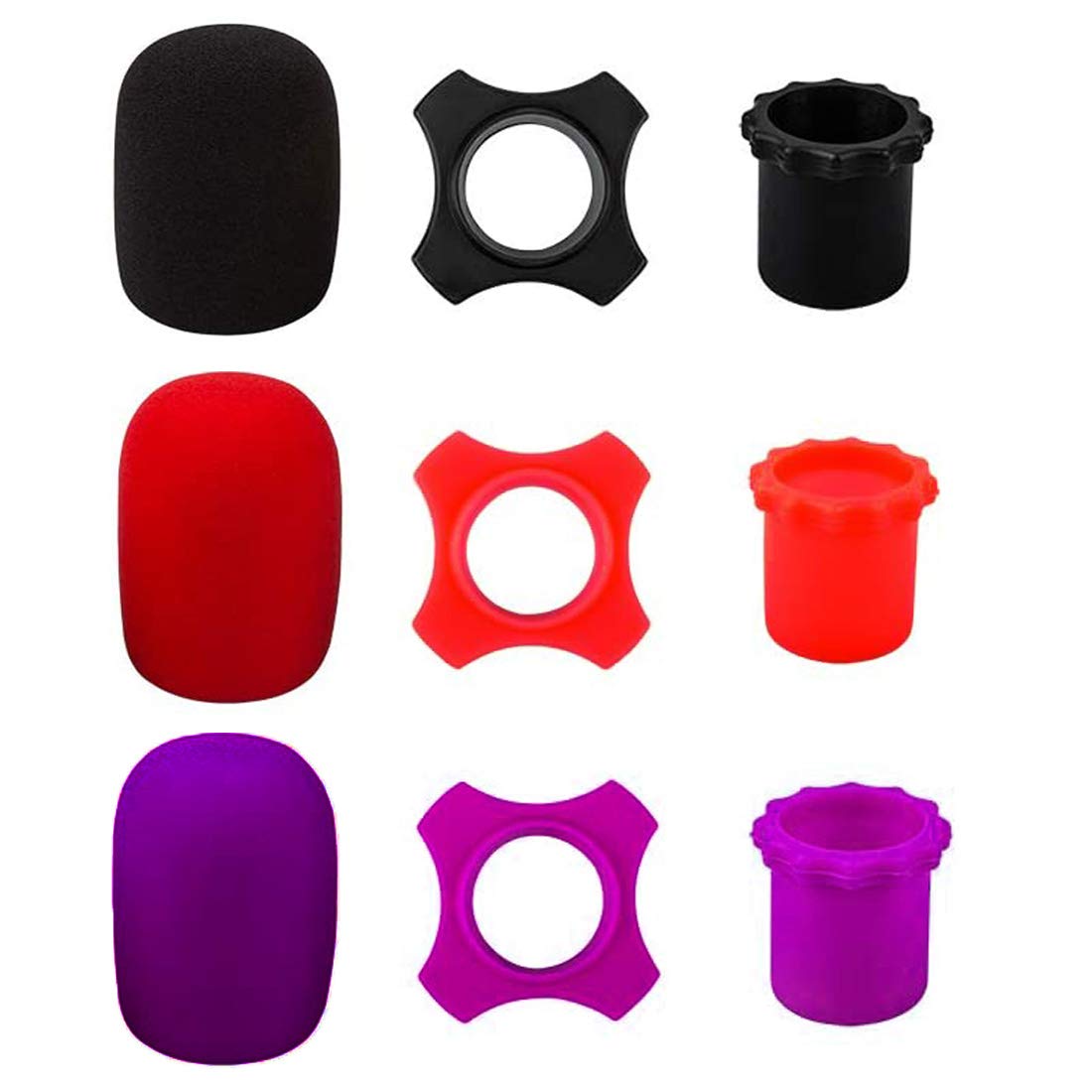 TuNan 9PCS Wireless Handheld Microphone Protection, Silicone Ring, Bottom Rod Sleeve Holder, Windscreen Foam Cover for KTV Device, Shakeproof & Anti-Rolling - Black, Red, Purple