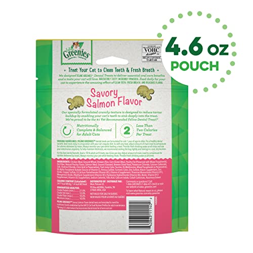 GREENIES CAT TREATS, FELINE VETERINARIAN-RECOMMENDED ADULT NATURAL DENTAL CAT TREATS, SAVORY SALMON FLAVOR, 4.6 OZ. POUCH