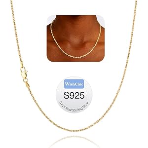 WishChic 18K Gold Plated 925 Sterling Silver Chain Necklace for Women, 2mm Rope Chain for Women Sturdy & Non Tarnish Women's