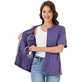Post Surgery Mastectomy Shirt with Drain Pockets – Women’s Short Sleeve Zip Front Recovery Top with Elastic Pouches