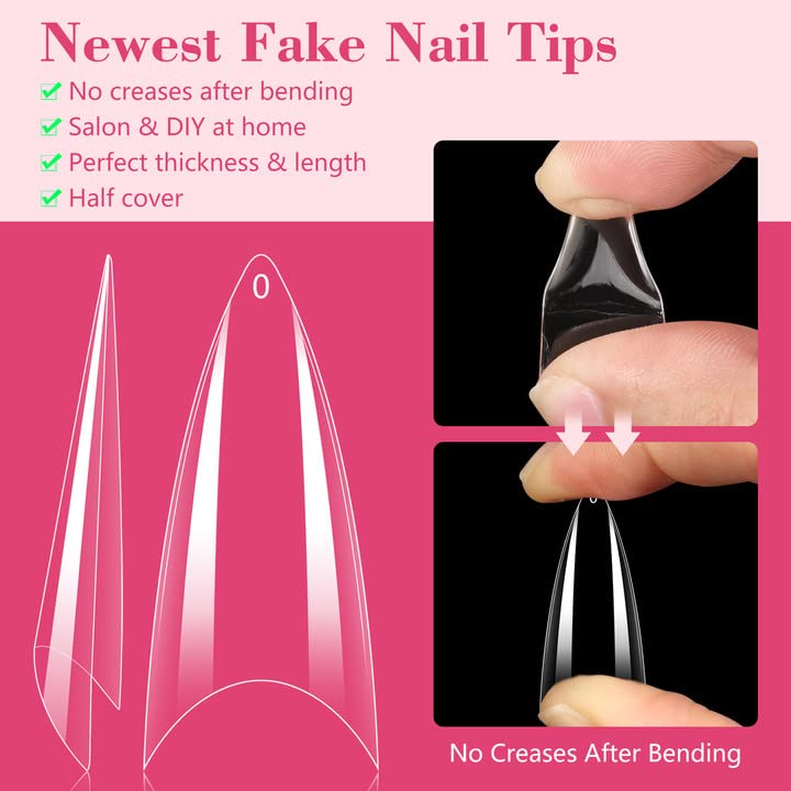 Quaferen Clear Stiletto Nail Tips, 500PCS Half Cover Soft Gel Nail Tips Medium Stiletto False Nails Almond Shape Curved Nail Tips for Acrylic Nails Salon Home DIY with Box 10Sizes - Image 2