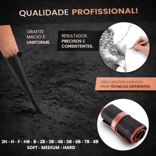 Kit Lápis de Desenho Profissional 29 Peças com Estojo Portátil, Lápis Artísticos, Borrachas, Estilete e Acessórios para Artistas e Estudantes Linha Super Premium 2H B HB 2B 3B 4B 5B 6B 7B 8B