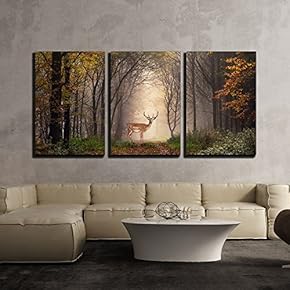 Fallow Deer Standing in a Dreamy Misty Forest with Beautiful Moody Light x3 Panels, Made With Top Quality, Magnificent Creative Design