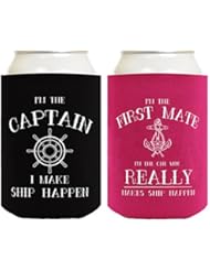 Sailing Gifts Captain First Mate Ship Happen Bundle Nautical Gifts 2 Pack Can Coolie Drink Coolers Coolies Black Magenta