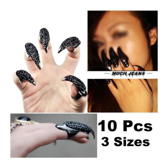 VStoy-10-Pcs-False-Nail-Claw-Paw-Talon-Finger-Ring-Crystal-Gothic-Punk-Cosplay-Black