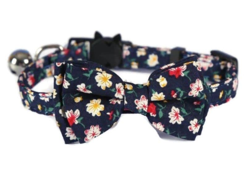 Bowtie Cat Collars with Bell | Safe Quick Release Breakaway Buckle | ZACAL Cat Collars (Navy Blue Floral) — image 1