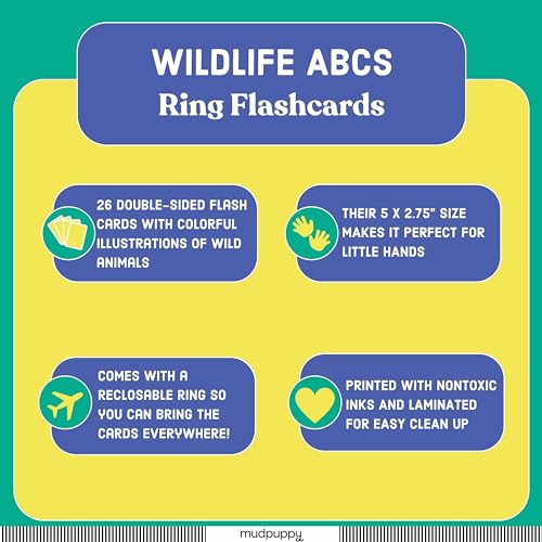 Mudpuppy Wildlife ABCs Ring Flash Cards for Kids - 26 Double-Sided Alphabet Flash Cards on a Reclosable Ring, Colorful Animal Illustrations - Learning Games for Toddlers and Preschoolers