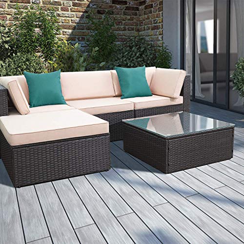 Devoko Patio Furniture Sets 5 Pieces Outdoor Sectional Sofa Wicker Rattan Patio Sofa Sets with Cushion and Glass Table (Lake Blue Pillow)