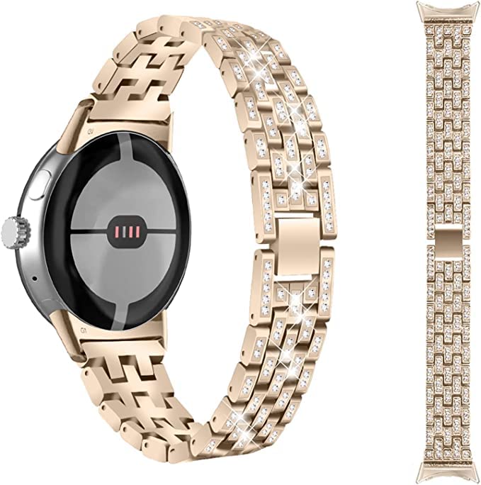 Miimall Compatible with Google Pixel Watch 2/Pixel Watch Metal Strap, Bling Diamond Rhinestone Stainless Steel Bracelet Band Women Adjustable Replacement Strap Wristband - Champagne