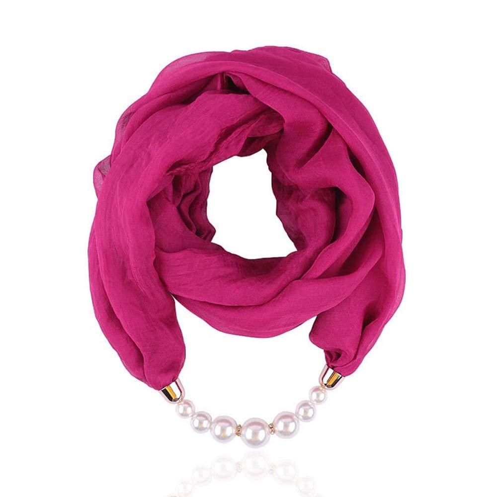 Micoop Women's Scarves Multi-purpose Simulated Pearl Pendant Scarf Necklace Stylish Infinity Scarf with Jewelry Accessory for Chic ladies (Rose red scarf with pearl)