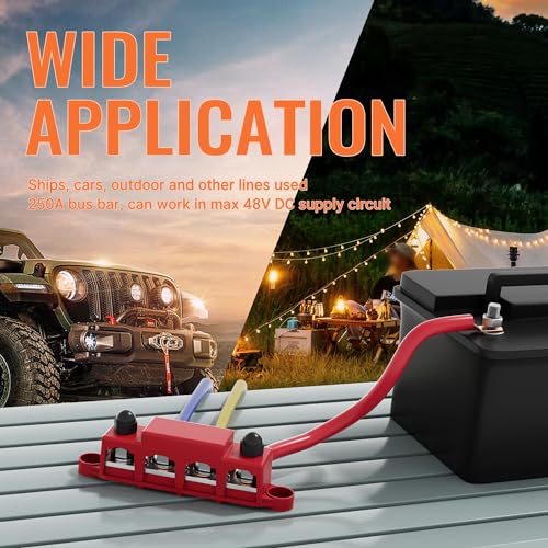 Joinfworld Bus Bar 12V 250A Power Distribution Block with 4 x 3/8" Studs 12 Volt Marine Battery Busbar Terminal Block with Cover - Negative&Positive