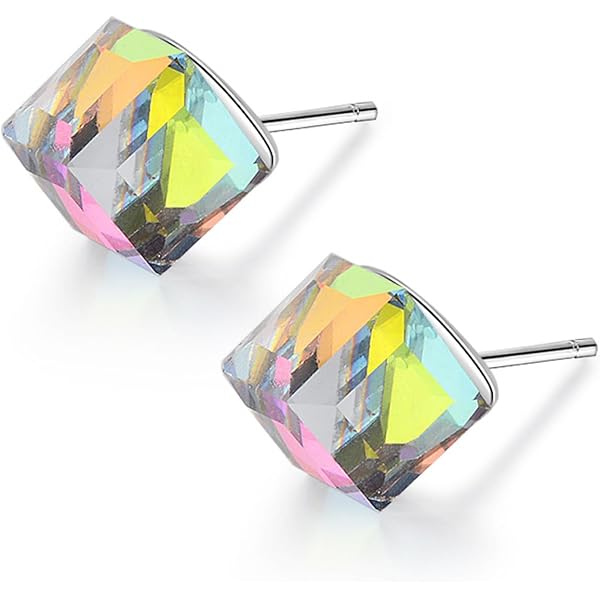 Orecchini A Bottone Quadrati In Cristallo Iridescente | Argento Placcato S925 | Gioiello Cambia Colore Donna - 2
