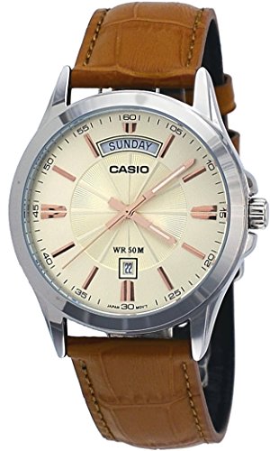 Casio #MTP1381L-9AV Men's Classic Leather Band 50M Day Date Gold Dial Watch