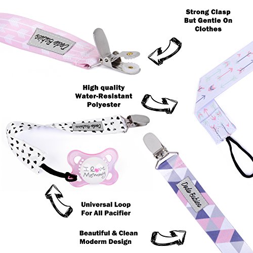 Pacifier Clip by Dodo Babies Pack of 4 + Pacifier Case, Premium Quality For Girls Modern Designs Universal Holder Leash for Pacifiers, Teething Toy or Soothie, Baby Shower Gift Set - Thumbnail 2