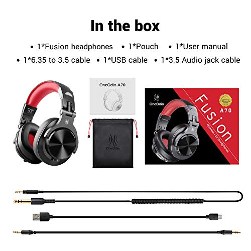 OneOdio A70 Bluetooth Over Ear Headphones, Studio Headphones with Shareport, Foldable, Wired and Wireless Professional Recording Headphones with Stereo Sound for Electric Drum Piano Guitar Amp (Red)