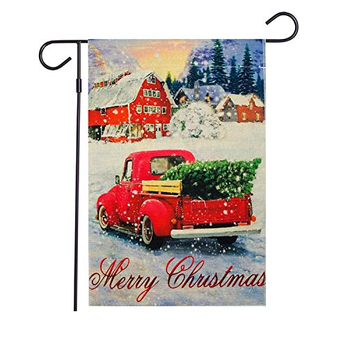PINCHUANG Double-Sided Decorative Merry Christmas Garden Flag Vintage Tree, Xmas Quote House Yard Flag with Red Truck, Rustic Winter Garden Yard Decorations, New Year Seasonal Outdoor Flag - Thumbnail 4