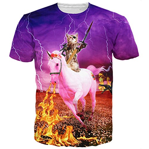 RAISEVERN Unisex Cat Ride Horse Printed Short Sleeve T shirts 2XL