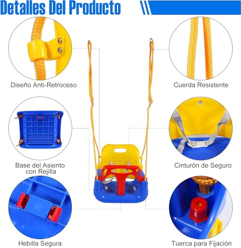 WEAGP Columpio 3 en 1 para Niños, Columpio para Niños con Cuerdas Altura Ajustables, Asiento Antivuelco, Columpio Desmontable para Niños para Patio de Juegos Interior y Exterior