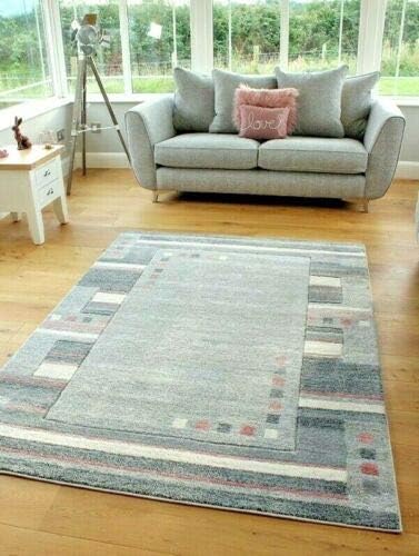 Small Large Blush Pink Beige Cream Silver Grey Squares Design Rugs Runners Mats (60x120cm)