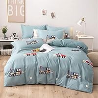 LAYENJOY Train Duvet Cover Set Twin, 100% Cotton Bedding, Cartoon Car Airplane Transportation Pattern Printed on Light Green, Truck Comforter Cover for Kids Teens Boys Girls, 3 Piece No Comforter