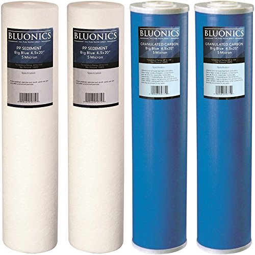 BLUONICS Sediment & CTO Carbon Block Water Filters 4-pack (5 Micron) 4.5" x 20" Whole House Cartridges for Rust, Iron, Sand, Dirt, Sediment, Chlorine, and Odors