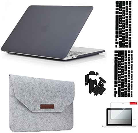MacBook Pro 13"(2016 2017 2018 Version) Hardshell Case & Felt Sleeve[5 in 1 Bundle] with Screen Protector,Keyboard Cover,Dust Plug, Model A1706/A1708/A1989 with/without Touch Bar - Black