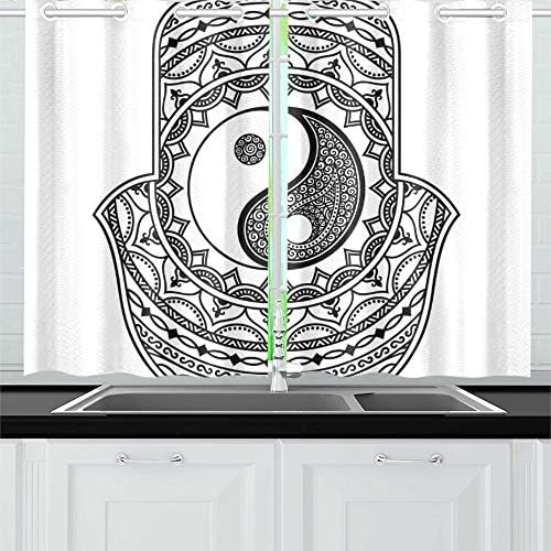 JIUCHUAN Hamsa Hand Drawn Symbol Yinyang Decorative Kitchen Curtains Window Curtain Tiers For Café, Bath, Laundry, Living Room Bedroom 26 X 39 Inch 2 Pieces