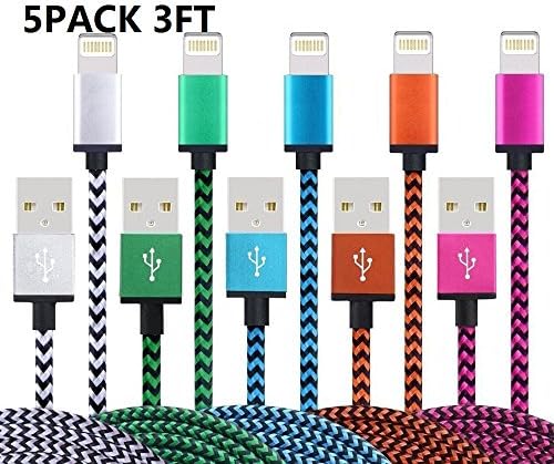 QXTE SWEET-201 iphone Cable/Charger Nylon Braided Charging Cord for iPhone 7/SE/6/6S Plus, iPad Air/Mini, iPod Nano/Touch - 5 Piece