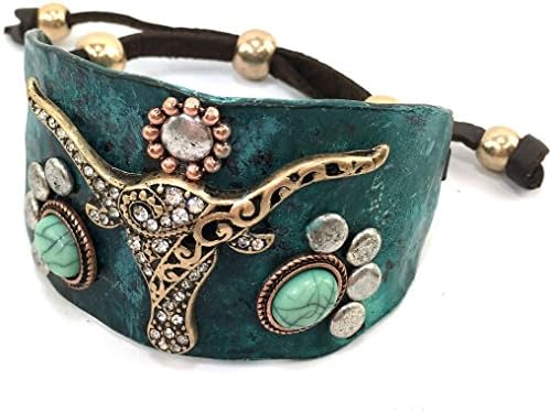 Western Peak Hammered Plate Western Tritone Rhinestone Longhorn Leather Cuff Bracelet