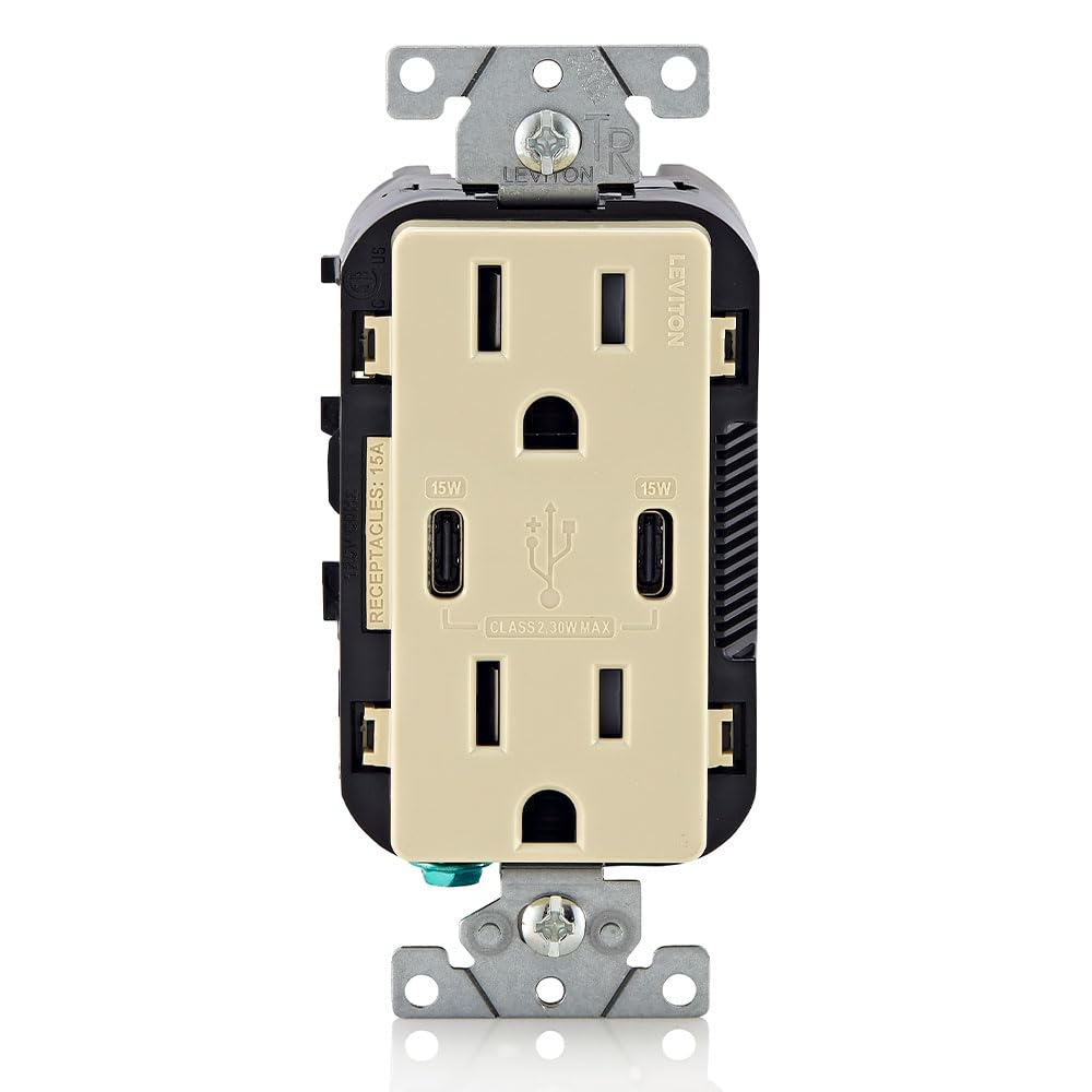 Leviton T5637-I 30W (6A) USB Dual Type-C/C in-Wall Charger with 15A Tamper-Resistant Outlet, USB Charger for Smartphones and Tablets, Not for Laptops, Ivory Image