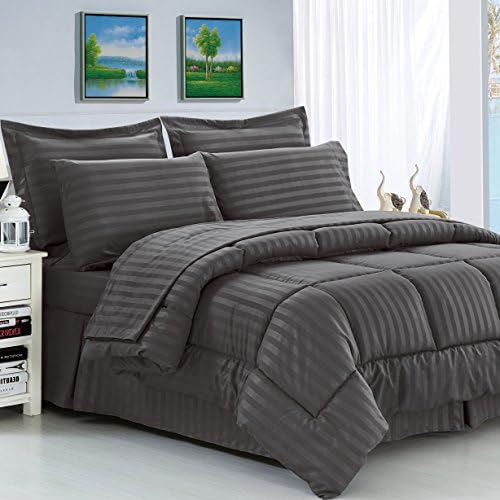Soft &amp; Best Comfort Wrinkle Resistant Hypoallergenic Stripe Baffle Box Design 8 Piece Bedding Comforter Set For Modern Bedroom - Gray, Full / Queen Size