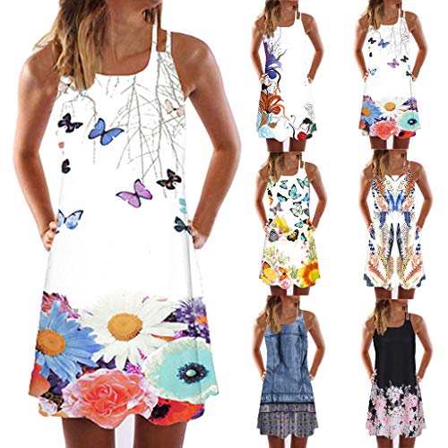 2019 New Womens Vintage Bohemia Summer Dress Sleeveless Double Shoulder Strap Printed Short Mini Dresses Plus Size (White, S)