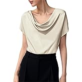 Mettclasi Women's Silk Satin Cowl Neck Short Sleeve Top, Elegant Dressy Casual Summer Blouse Shirt Solid T-Shirt