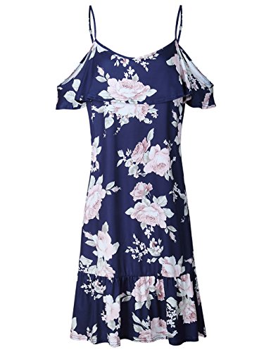 Poptem Womens Sexy Midi Dress V-Neck Off Shoulder Spaghetti Strap Ruffles Floral Casual Summer Beach Sundresses